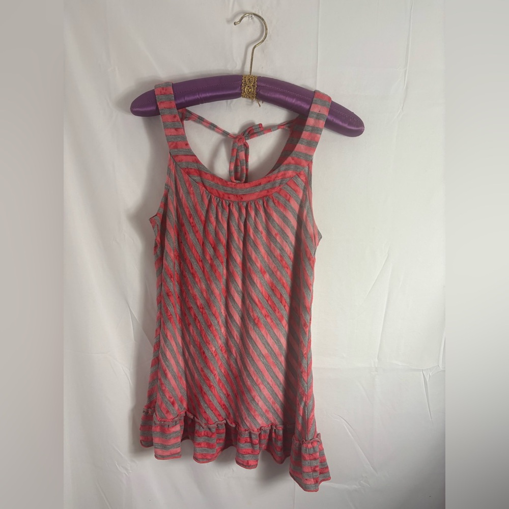 Y2K Pink+Grey Striped Asymmetrical Ruffle Hem Femme Grunge Tank Top Size‎ M